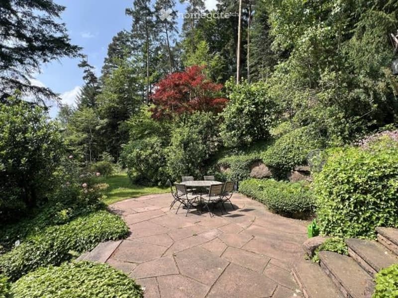 The image shows a well-landscaped outdoor patio area with a stone paved floor, surrounded by lush greenery including trees, shrubs, and a vibrant red tree in the background. There is a set of outdoor furniture, including a table and chairs, placed on the
