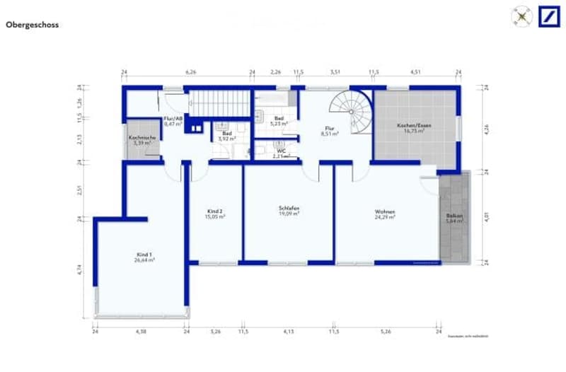 The floor plan shows an upper level with a living room, kitchen, two bedrooms, two bathrooms, and a balcony.