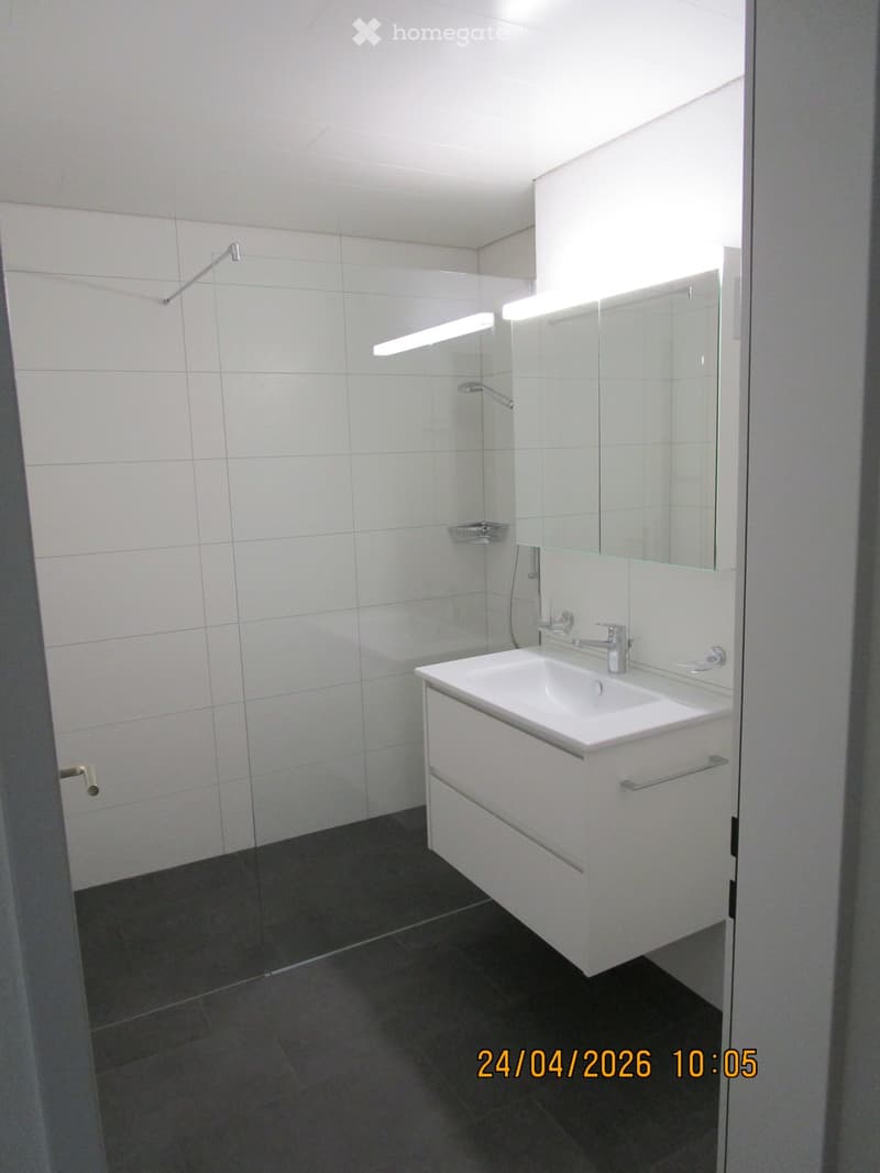 Bathroom. Modern bathroom with white tiles, a glass-enclosed shower, a white sink with a mirror, and a dark tiled floor.