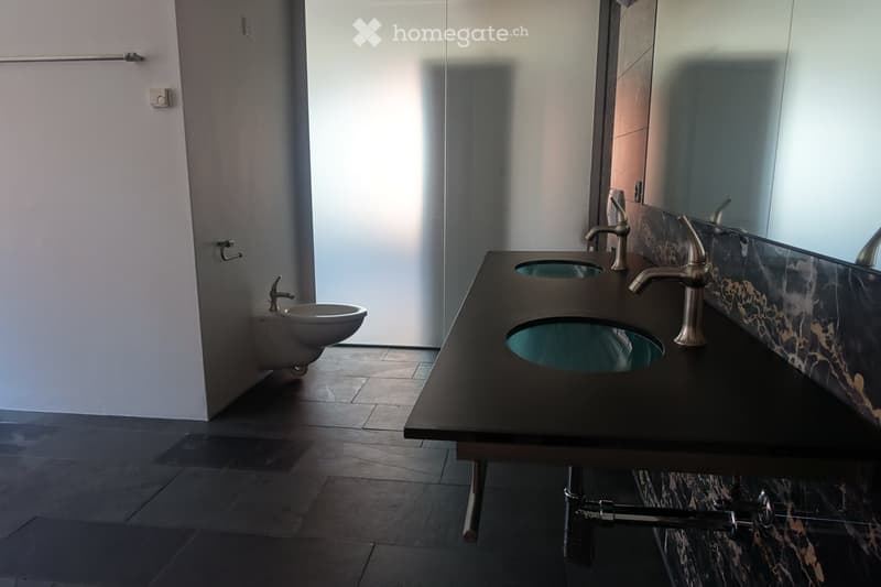 modern bathroom with white walls, black tiled floor, double sink with faucets, toilet, large mirror