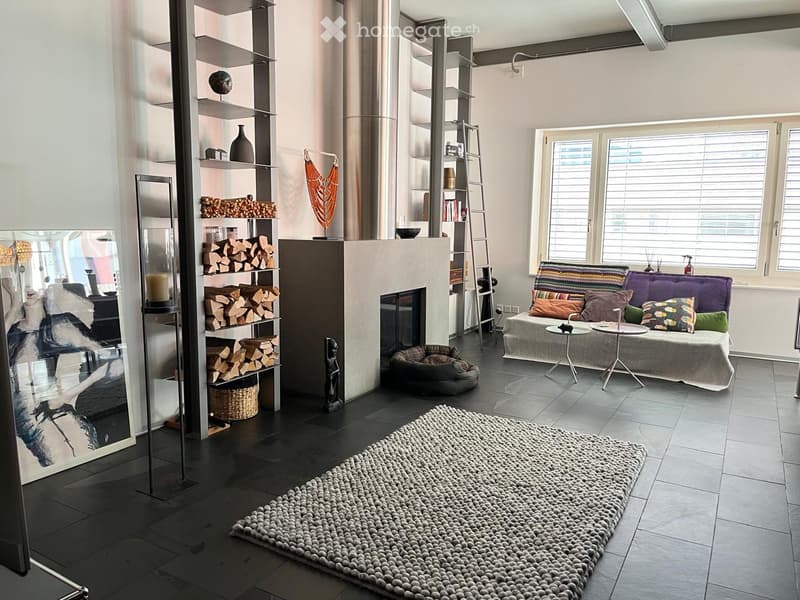 modern living room with fireplace, large windows, couch, rug, shelves, dog bed