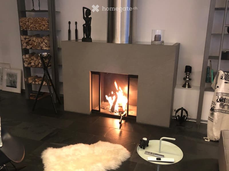 Living room with fireplace, white walls, black floor, white fur rug, table, chair, shelves with firewood, picture frames, and decorative items