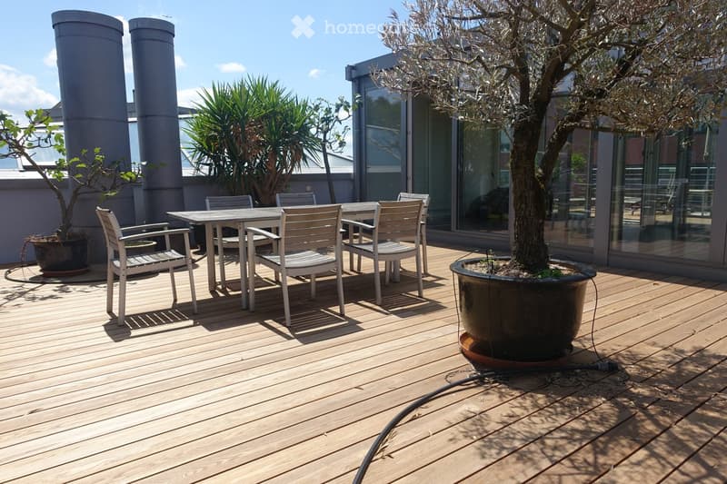Wooden deck with outdoor dining set, potted plants, and a tree, with a view of the city