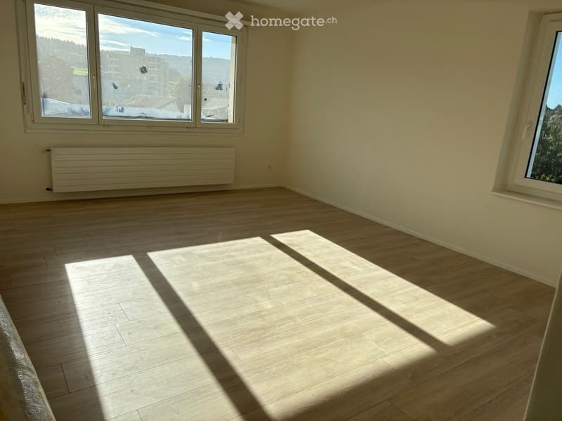 Empty room with wooden floor, white walls, two windows, and a white radiator.