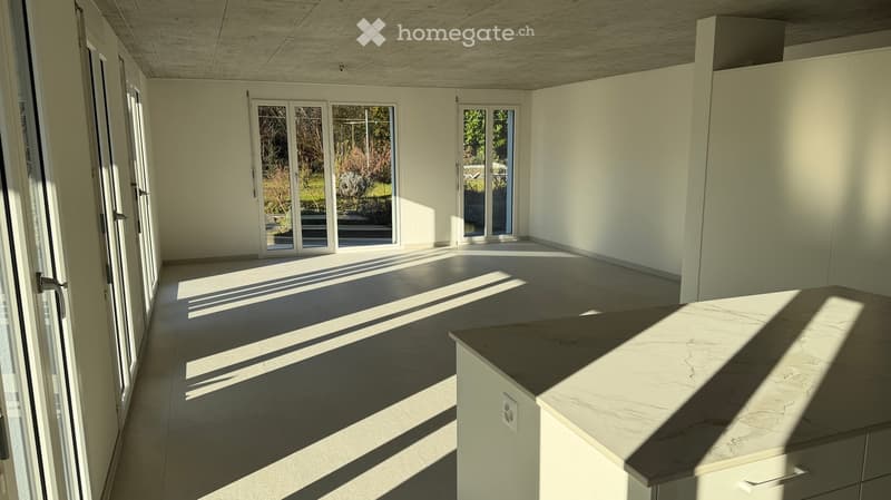 empty room, large windows, balcony, tiled floor, white walls