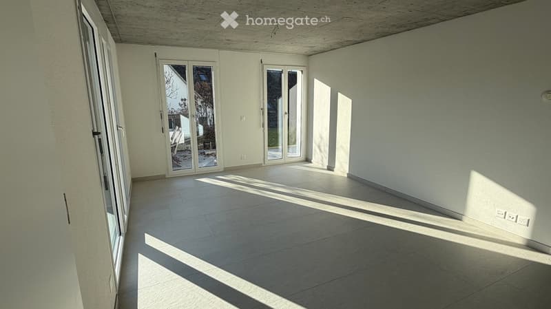 empty room, white walls, tiled floor, sliding glass doors, balcony