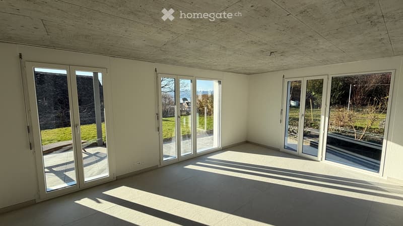 empty room, large windows, balcony, tiled floor, white walls