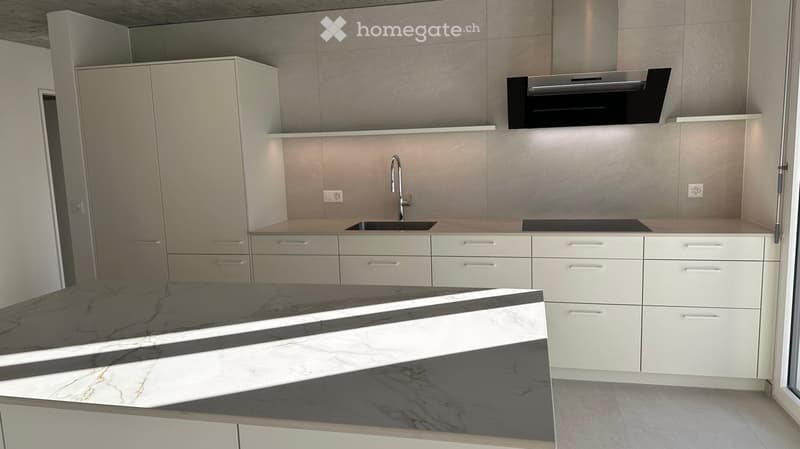 modern kitchen with marble countertop, white cabinets, stainless steel sink, gas stove, extractor hood