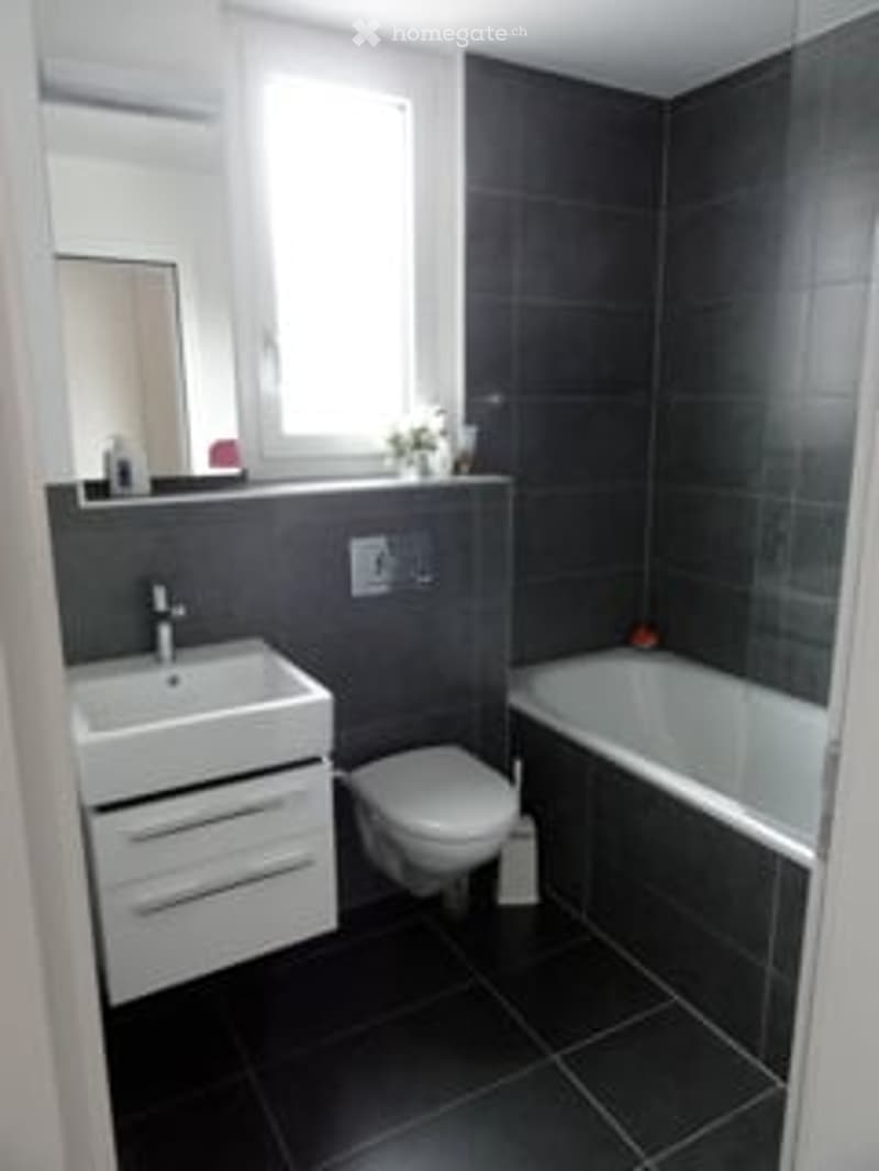 Bathroom with black tiles, white sink, white toilet, bathtub, mirror, window