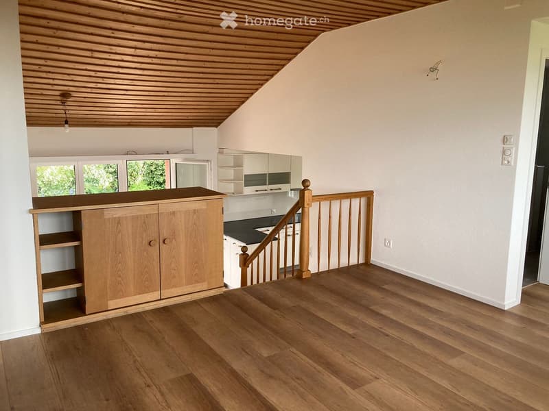 empty room, wooden floor, wooden ceiling, wooden cabinet, wooden staircase, white walls, windows