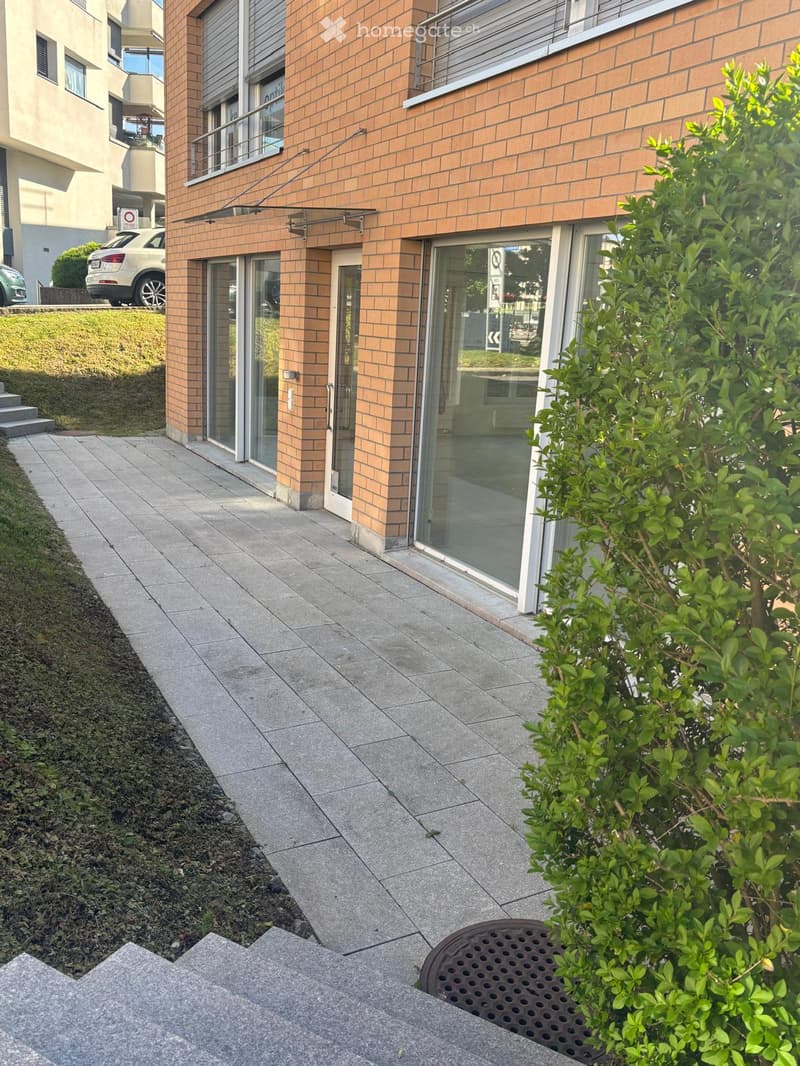 Building. A modern brick building with glass doors and windows, a paved walkway, and a small bush on the right.