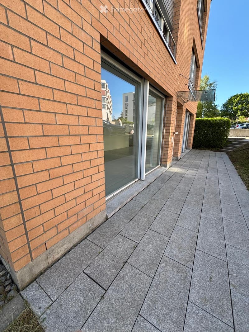 Building. Facade of a modern building with brick walls and large glass windows. The entrance is made of glass and has a glass canopy. The ground is paved with gray tiles.