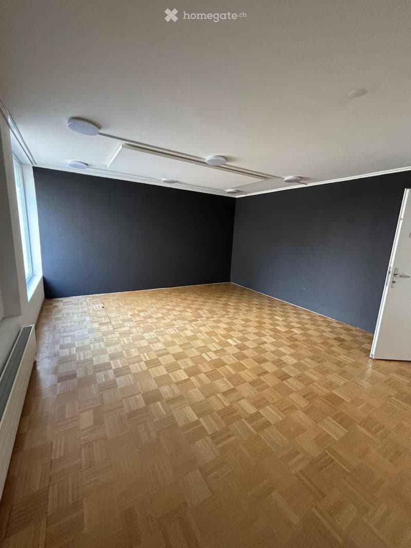 Empty room with wooden parquet flooring, black walls, white ceiling, and a window on the left side.