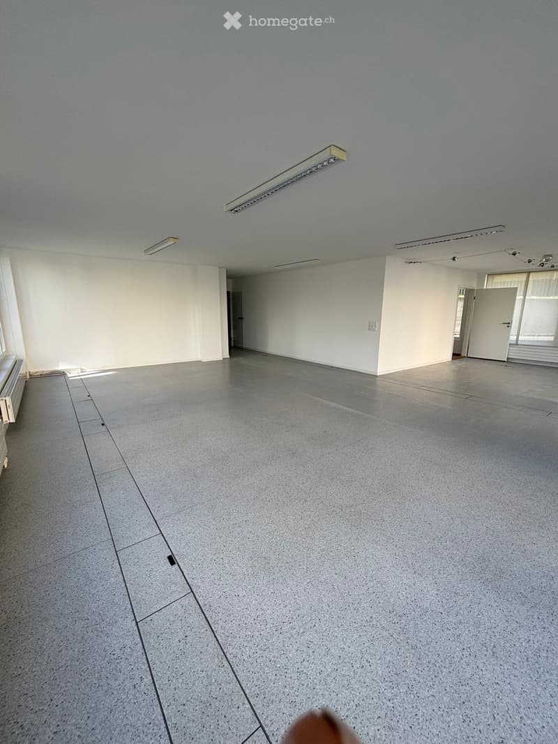 Unfurnished Room. Empty room with white walls, gray floor, and ceiling lights. No furniture or equipment.