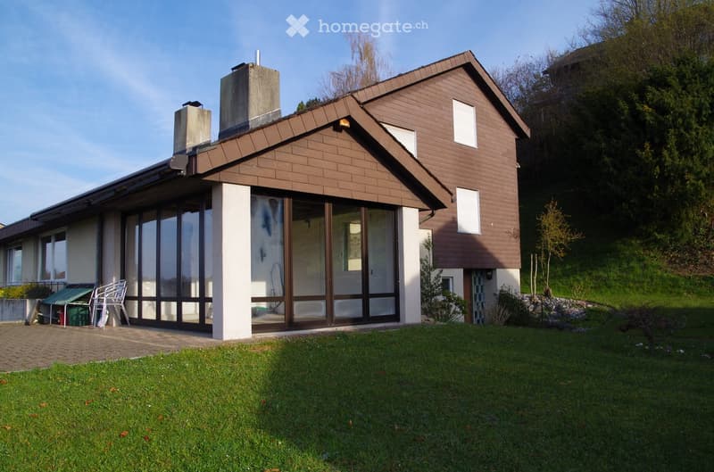 2 story house, brown brick, large windows, terrace, chimney, garden