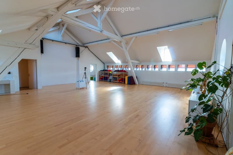 large open space, wooden floor, white walls, wooden beams, windows, tripod, shelves with items, potted plant