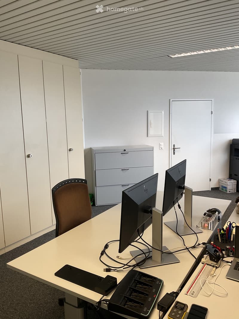 An office with a desk, two monitors, a chair, a cabinet, and a door.