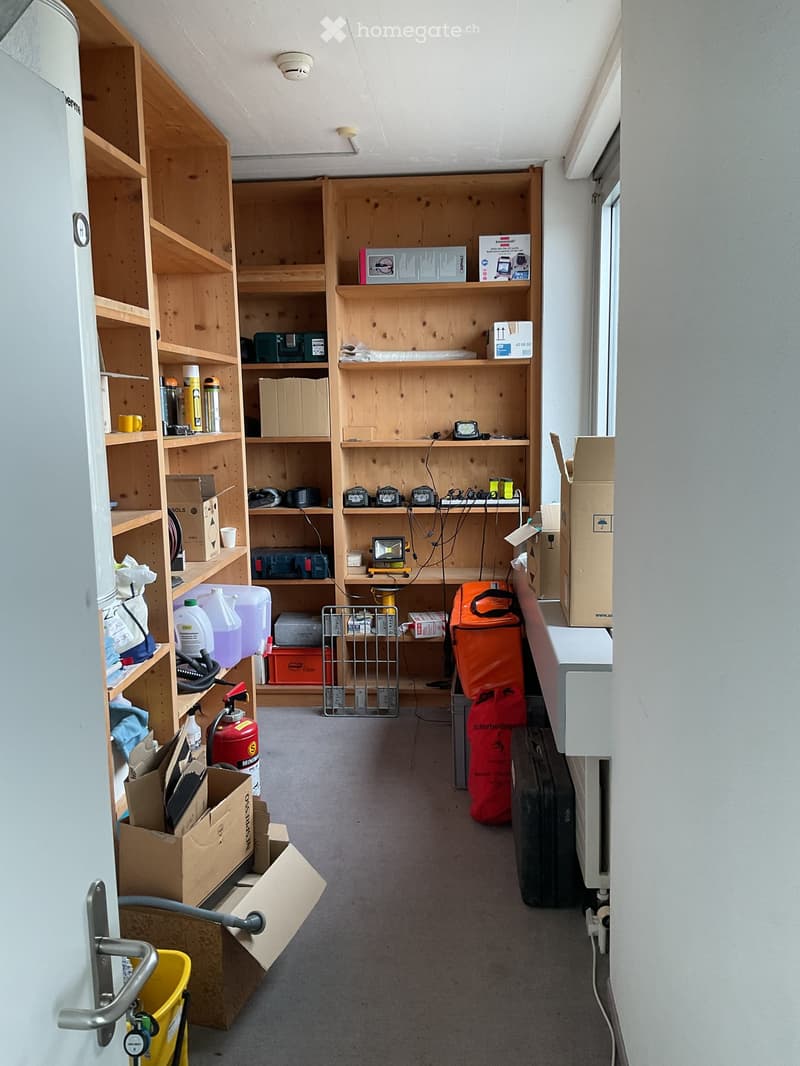 Storage room with wooden shelves, various items, boxes, fire extinguisher, and a white door.