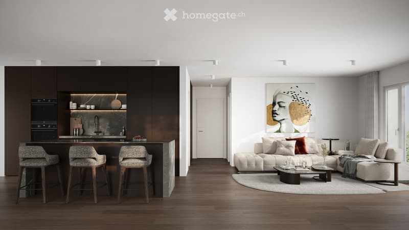 modern kitchen with island, open living room with couch, coffee table, round rug, artwork