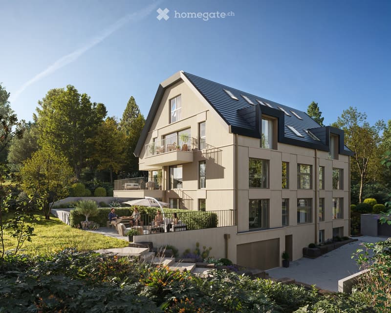 3 story house, beige exterior, black roof, multiple balconies, garden, garage