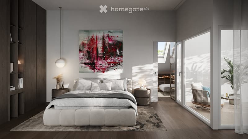 A bedroom with a large bed, a rug, a nightstand, a lamp, a painting, a cabinet, and a glass door leading to a balcony.