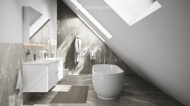 Bathroom with a bathtub, sink, mirror, and a toilet. The walls are marble, and the floor is tiled. There are two windows in the ceiling.