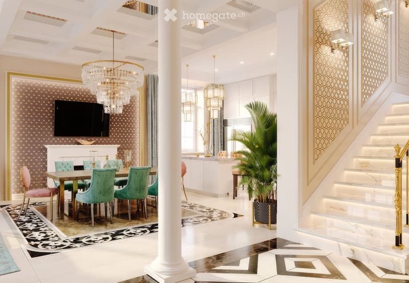 Dining area with a table and chairs, a chandelier, a television, a fireplace, and a staircase
