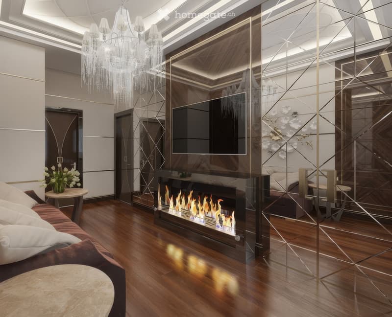 modern living room with fireplace, chandelier, TV, wooden floor, glass wall, couch, table with flowers