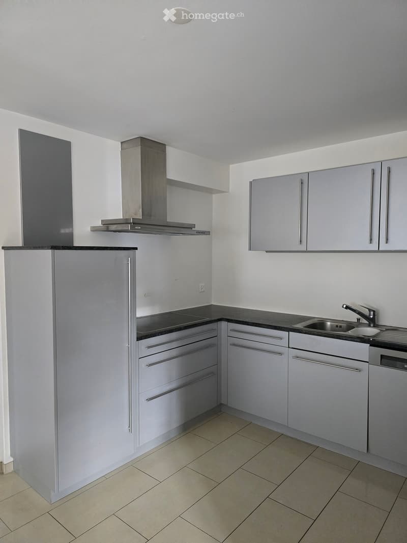 modern kitchen, gray cabinets, black countertops, stainless steel appliances, tiled floor