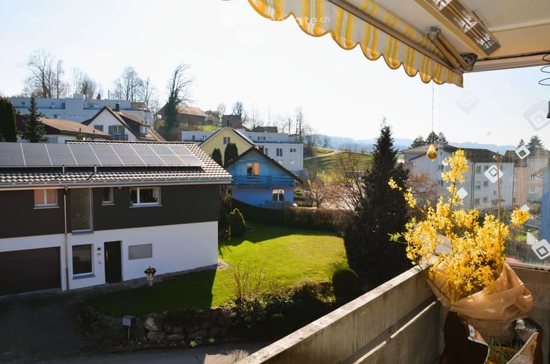House with solar panels, garage, balcony, green lawn, trees, mountains in the background