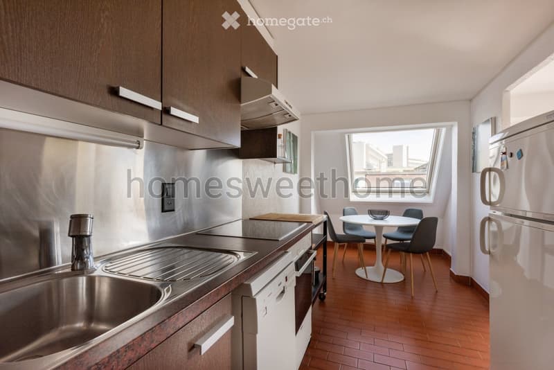 modern kitchen, stainless steel sink, dishwasher, gas stove, refrigerator, wooden floor