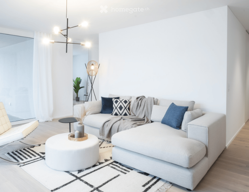 modern living room with white walls, gray sofa, white coffee table, black and white rug, white chair, floor lamp, and a glass door