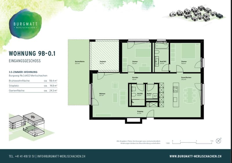 3.5-room apartment, ground floor, living room, kitchen, 3 bedrooms, bathroom, WC, entrance, terrace, storage