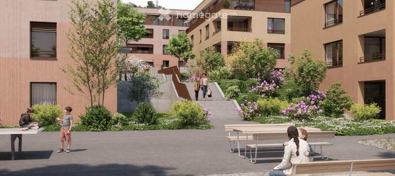 Residential building with multiple floors, balconies, and a garden area with stairs and seating.