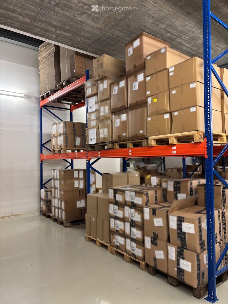Warehouse with multiple shelves filled with boxes, white walls, concrete ceiling, white floor, blue and red metal shelving