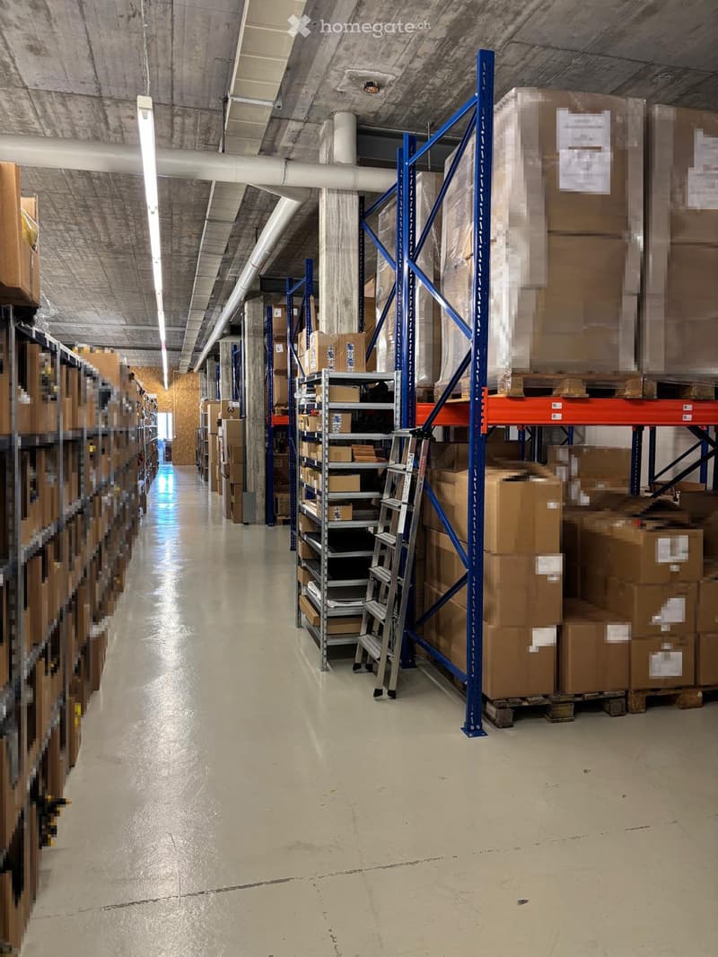 Warehouse with multiple rows of storage shelves, boxes, and a ladder