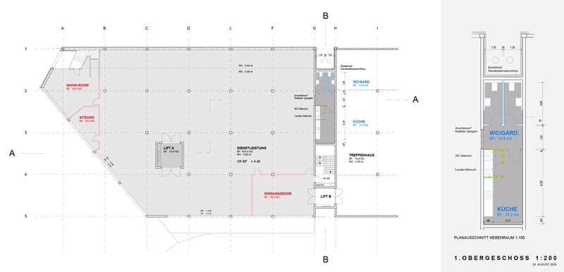 Showroom, Sitting area, Service area, Lift A, Lift B, Entrance zone, WC/Gard, Kitchen, Staircase