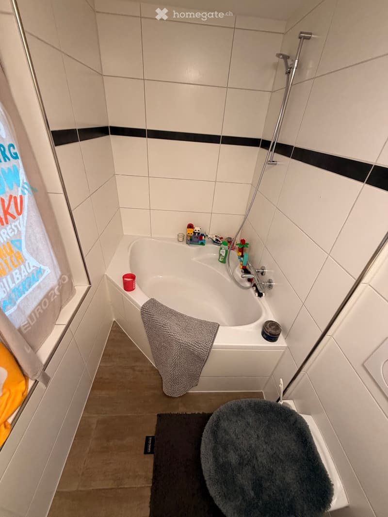 white tiles, bathtub, shower, towel, toys, toilet, rug