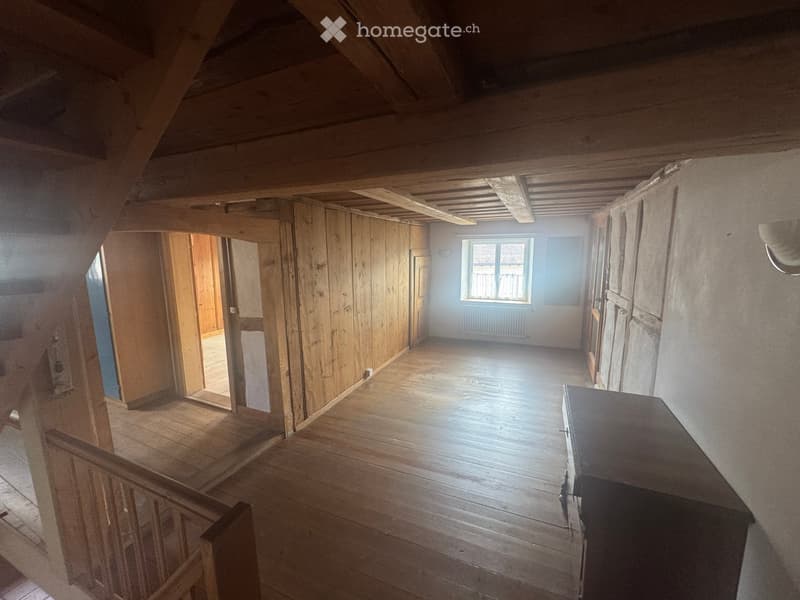 wooden floor, wooden walls, wooden beams, wooden staircase, window with balcony, wooden cabinet