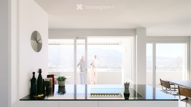 modern kitchen, white walls, glass door, balcony, plants, dining table