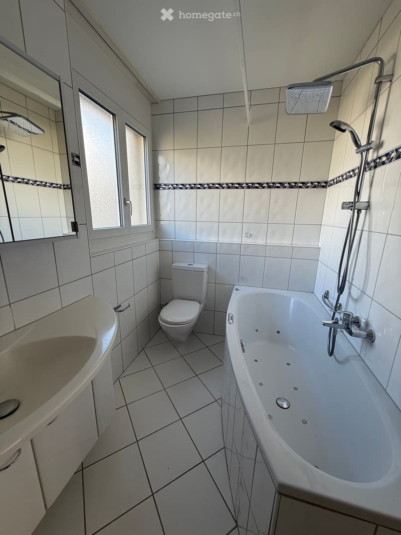 Bathroom: bathtub, toilet, sink, mirror, white tiles, shower head, tiled flooring