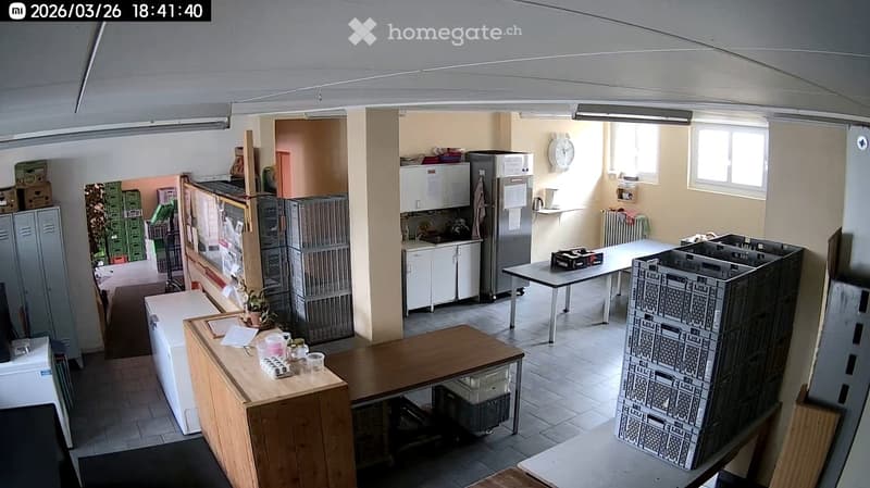 A room with a kitchen area, a table, a refrigerator, a microwave, a clock, and a window.