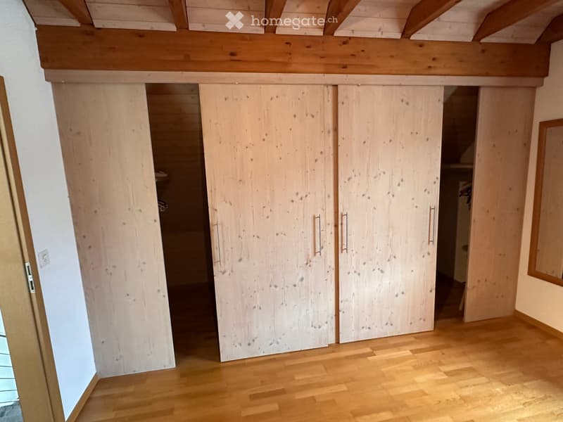 wooden sliding doors, wooden floor, wooden ceiling, white wall, mirror