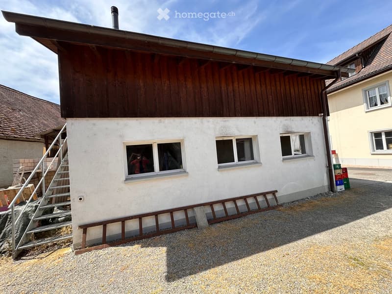 Detached house, wooden facade, white walls, three windows, metal ladder, gravel driveway