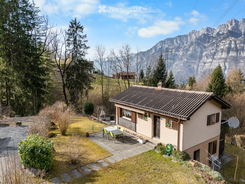 Detached house, brown roof, white walls, garden, table and chairs, satellite dish, mountains in the background