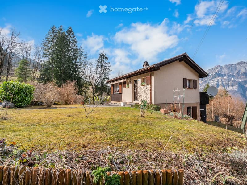 Detached house, beige exterior, brown roof, large garden, mountain view