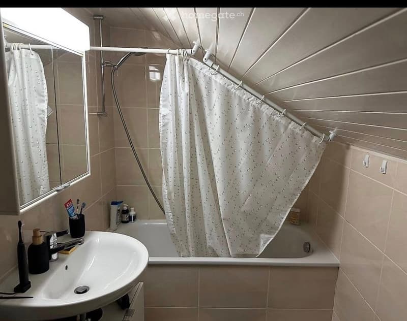 Bathroom with bathtub, shower, sink, mirror, and toiletries