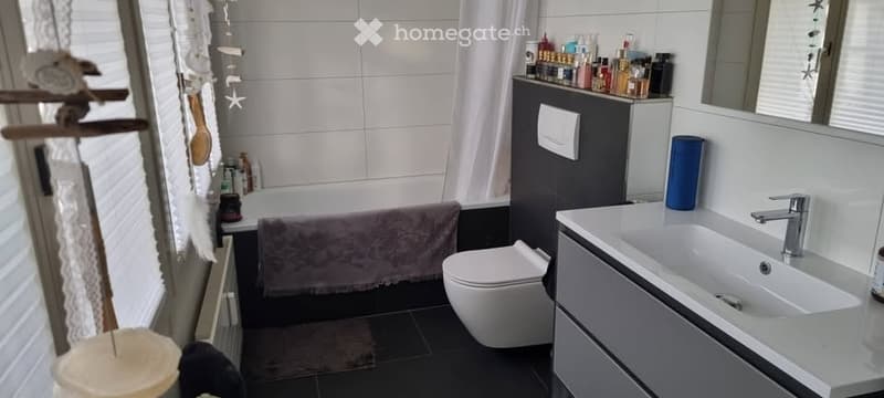 Bathroom with bathtub, toilet, sink, shelves, cabinet, mirror