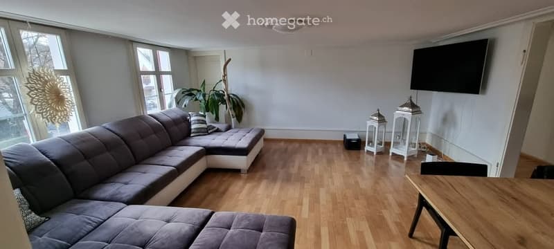 wooden floor, L-shaped couch, black television, potted plant, glass table, decorative item on wall