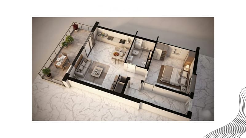 Floor plan with living room, dining area, kitchen, bedroom, and bathroom.